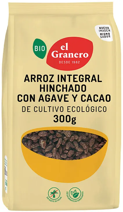 Arroz integral hinchado con agave y cacao