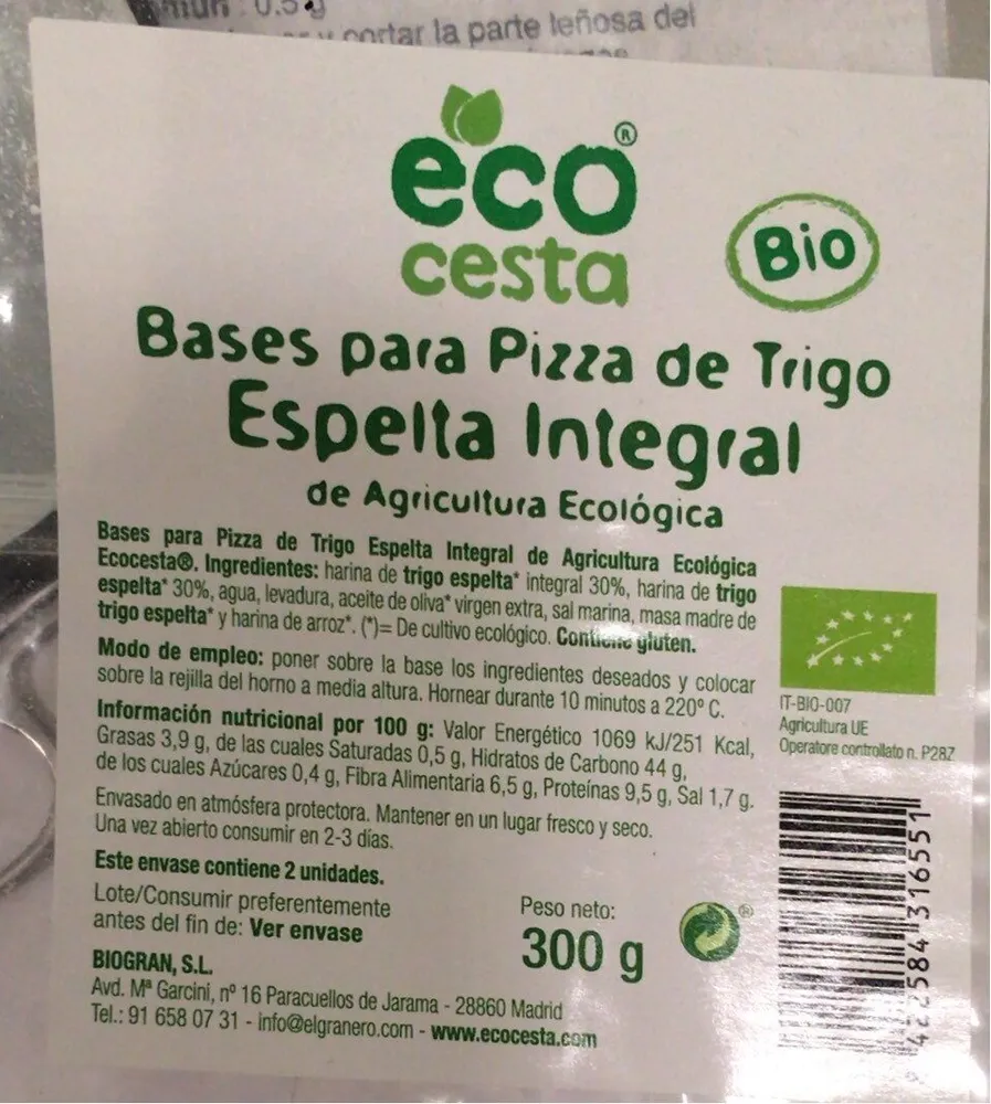 Bases para pizza de espelta integral