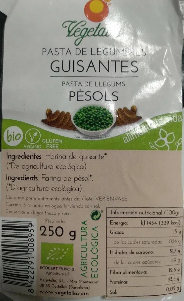 Pasta de legumbres guisantes
