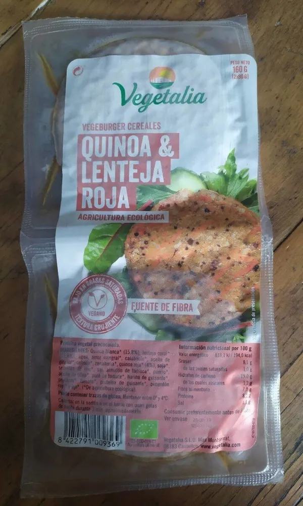 Vegeburger cereales quinoa y lenteja roja