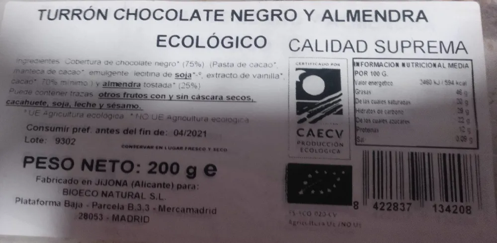 Turrón Chocolate Negro y Almendra Ecológico