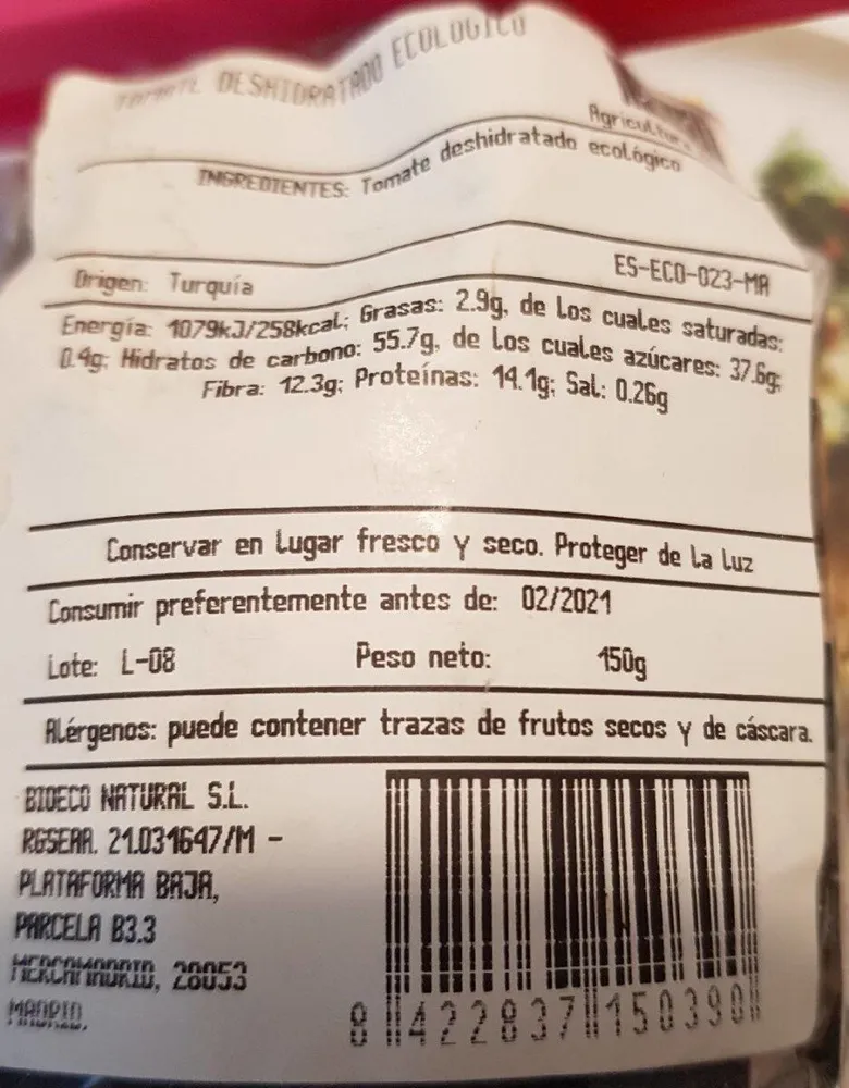 Tomate deshidratado ecológico