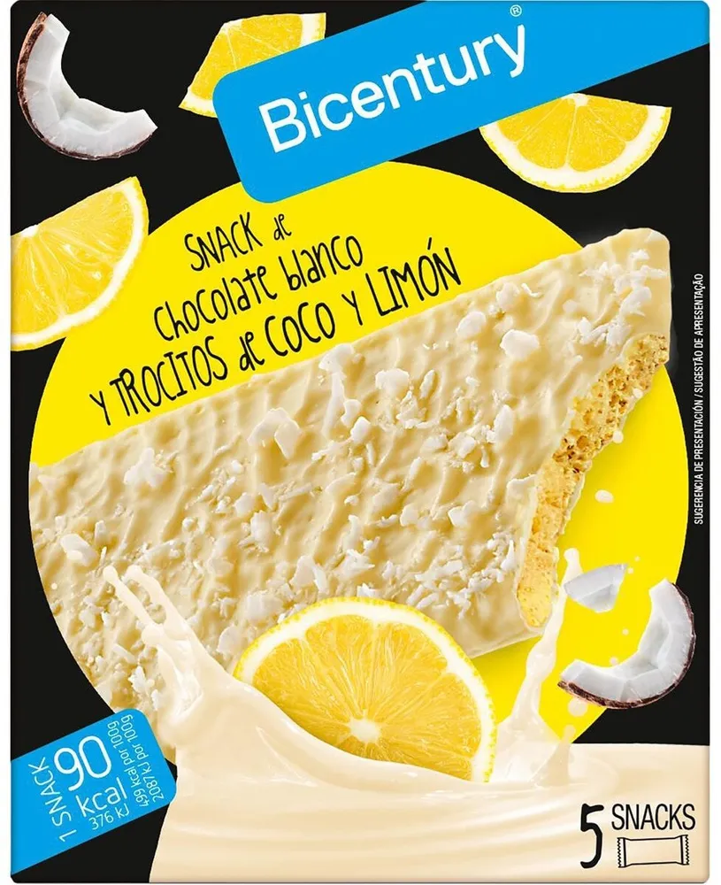 Snack de chocolate blanco y trocitos de coco y limón