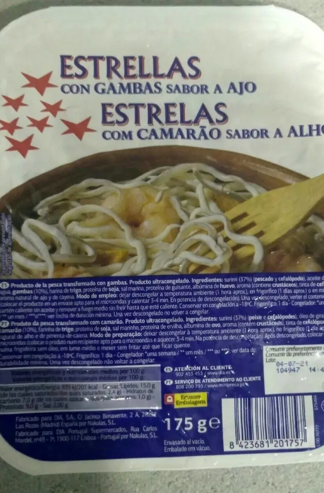 Estrellas con gambas sabor a ajo