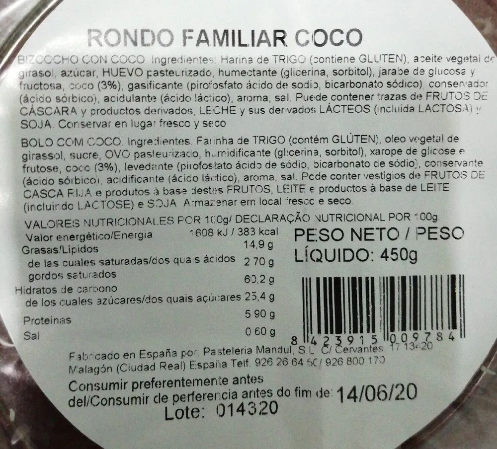 Bizcocho Familiar Coco