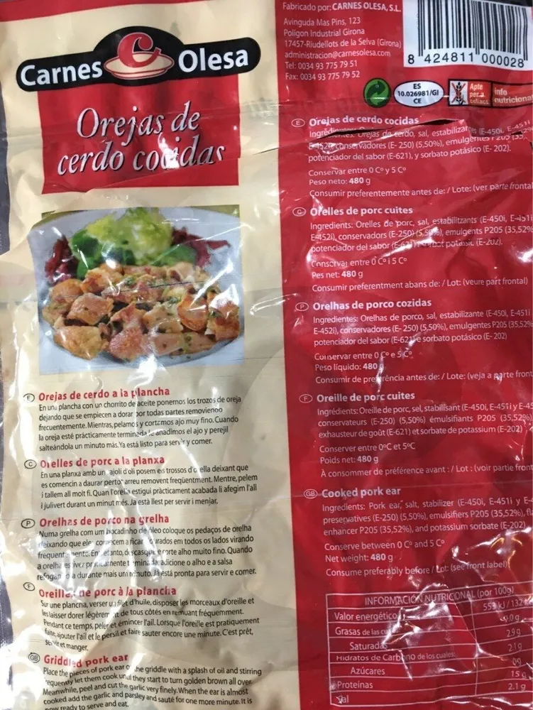 Orejas de cerdo cocidas