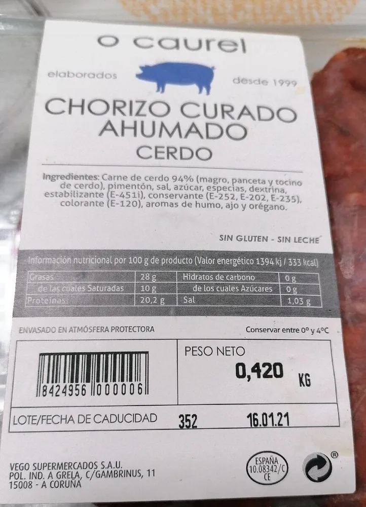 Chorizo Curado Ahumado Cerdo