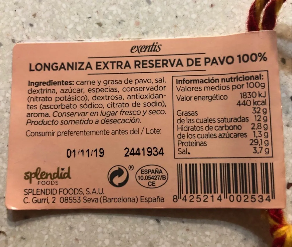 Longaniza extre reserva de pavo 100%