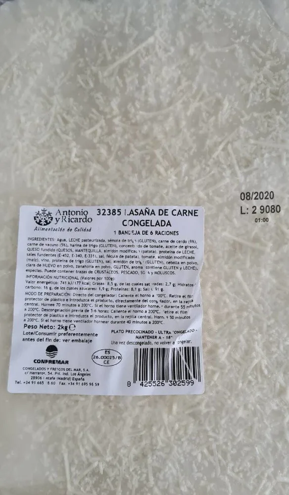 Lasaña de carne congelada