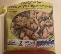 Salteado de ajetes, trigueros y gambas