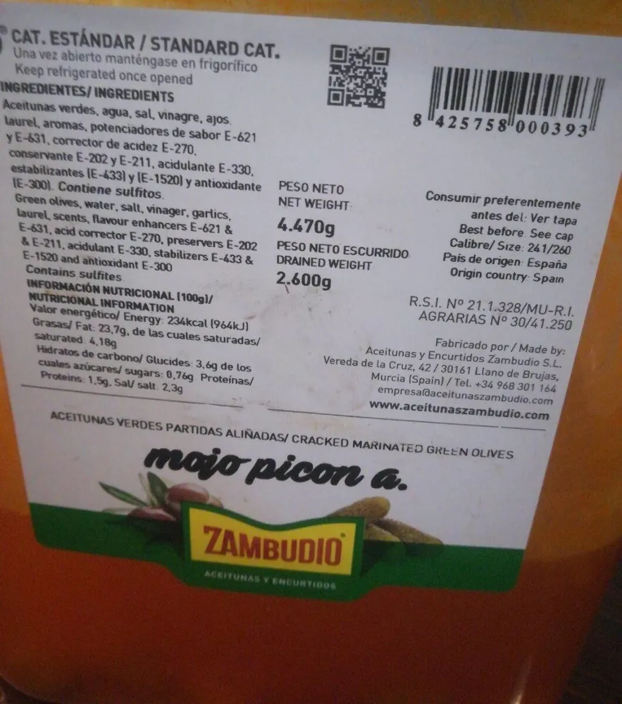 Aceitunas verdes partidas mojo picón a.