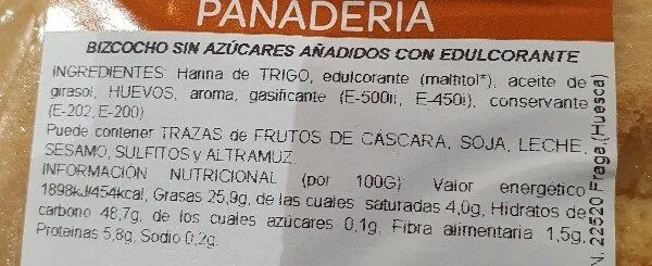 Bizcocho sin azúcares añadidos con edulcorante