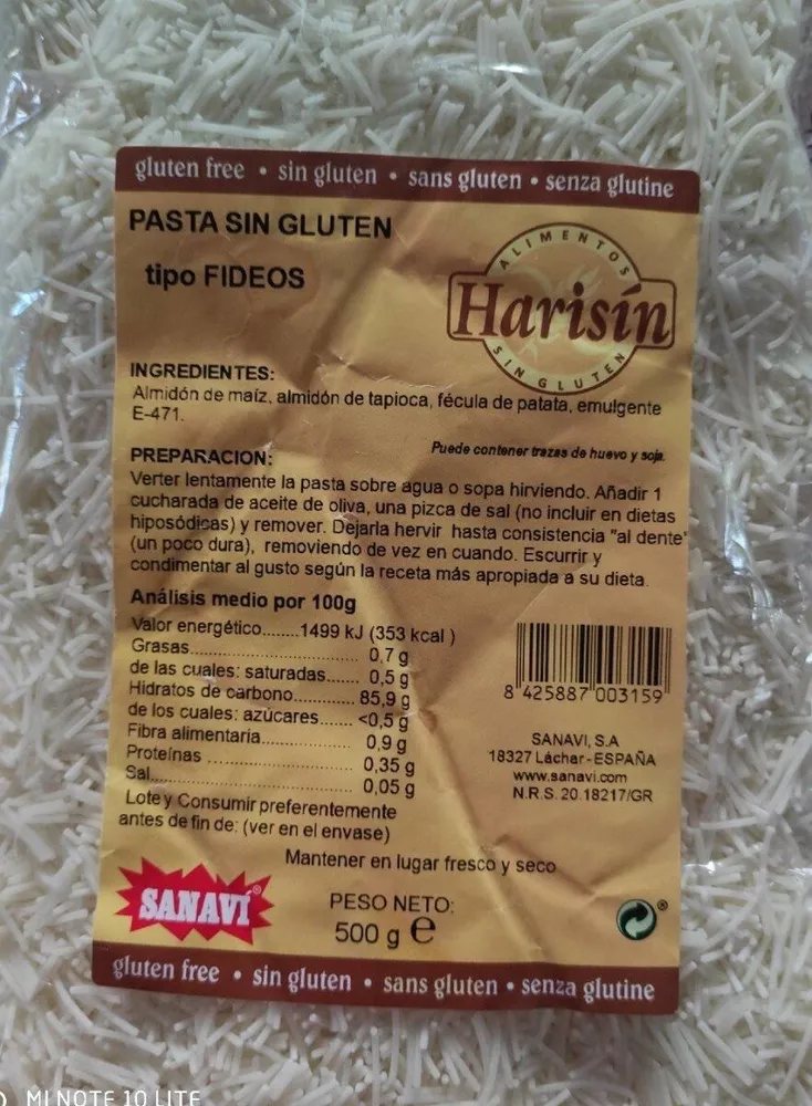 Pasta sin gluten tipo fideos