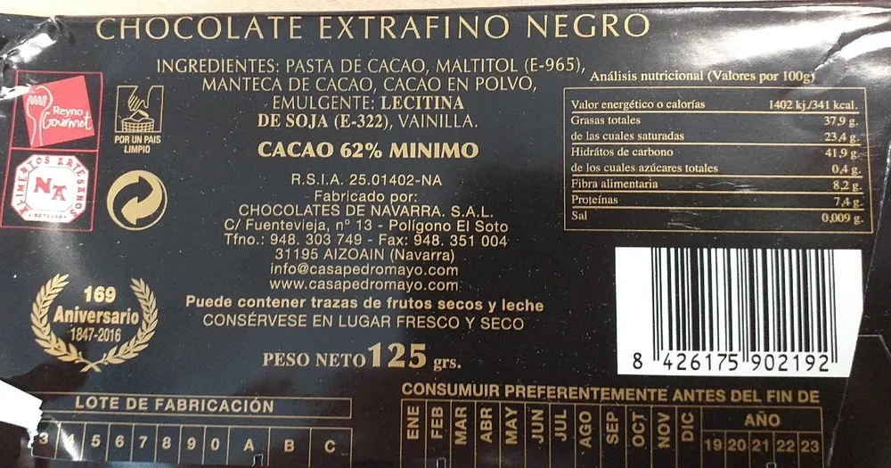 Chocolate Extrafino Negro 62% sin azúcar