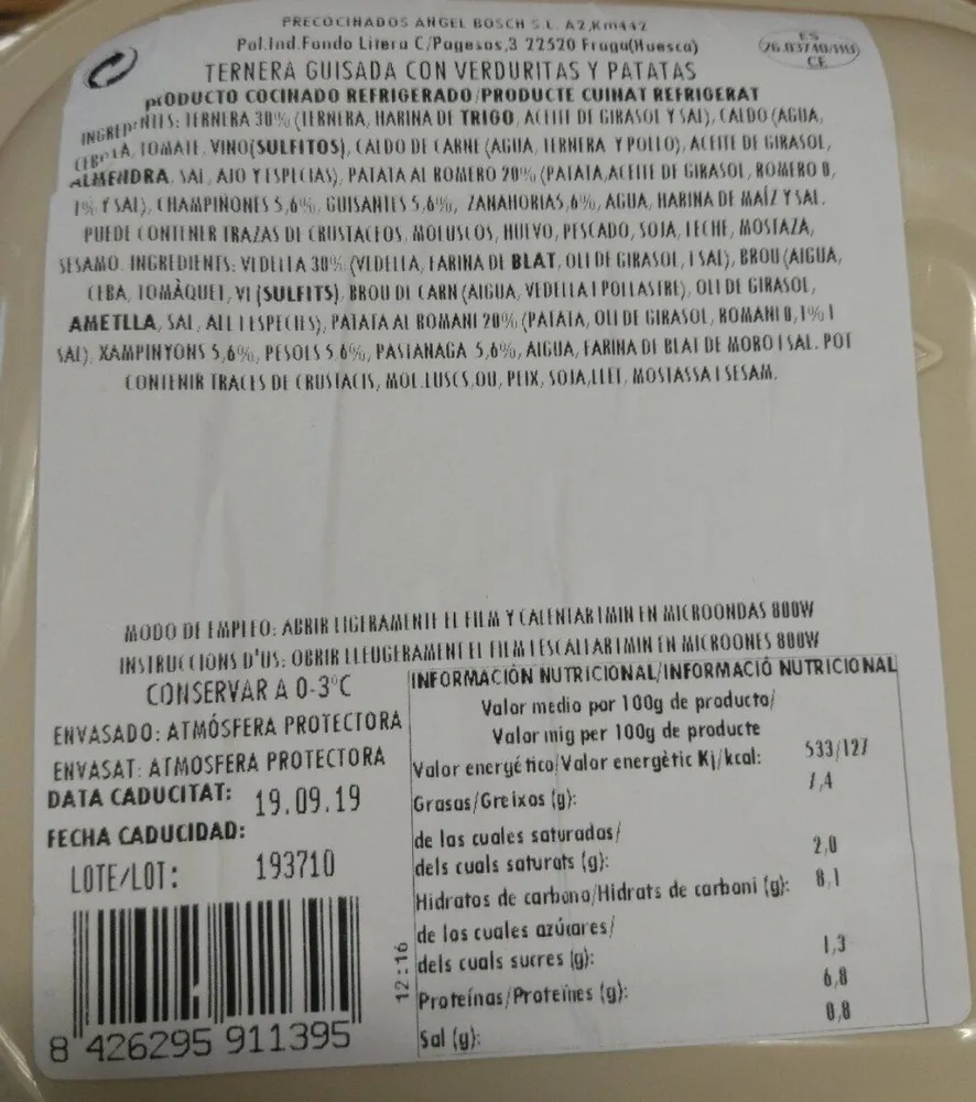 Ternera guisada con verduritas y patatas
