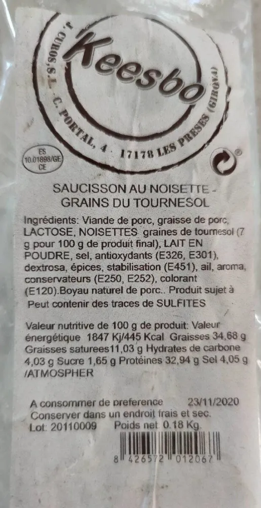 Saucisson au noisette - Grains de tournesol