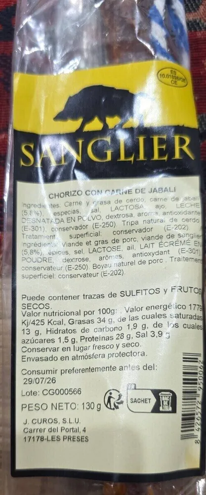Chorizo con carne de jabali