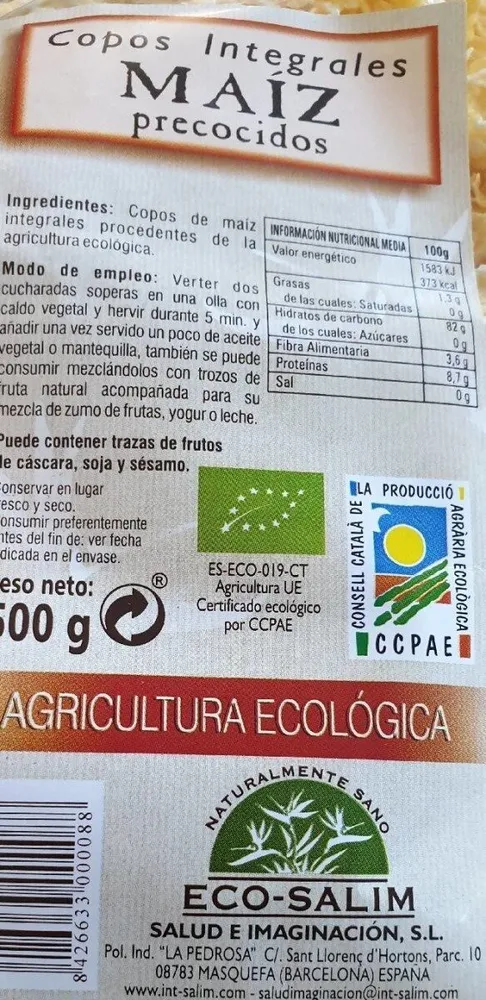 Copos Integrales Maíz precocidos
