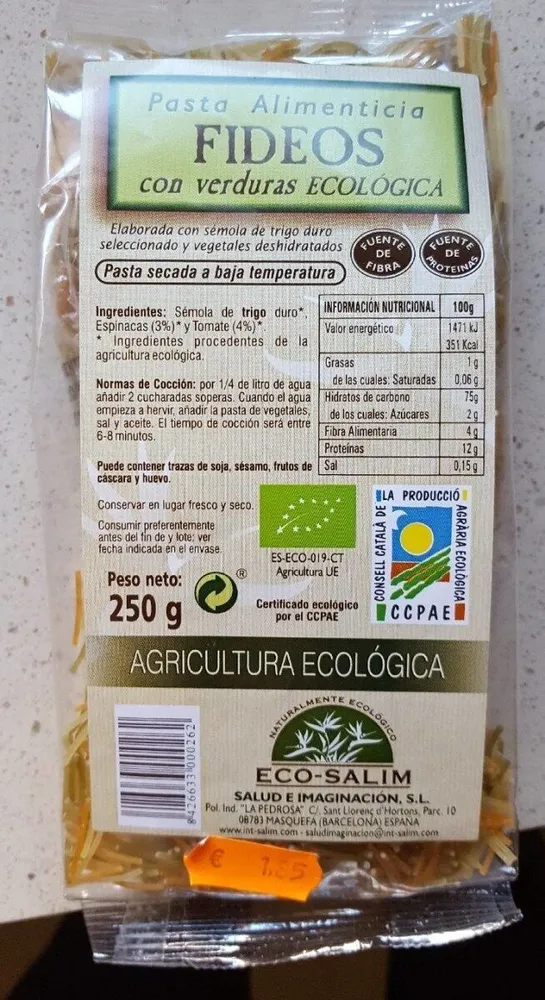 Fideos con verduras ecológicas