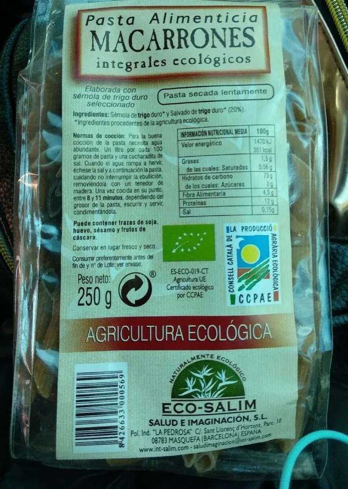 Pasta Alimenticia MACARRONES integrales ecológicos