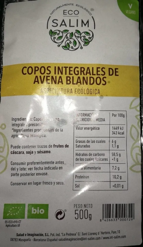 Copos integrales de avena blandos