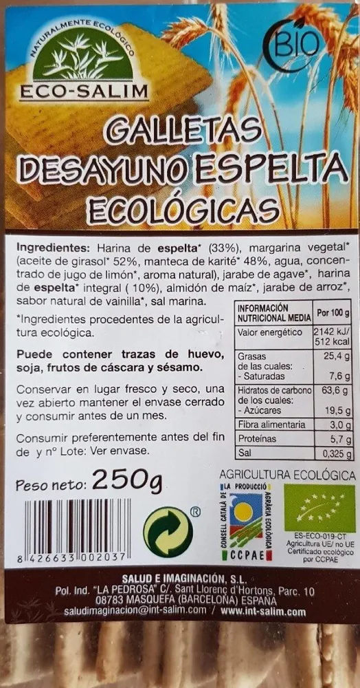 Galletas desayuno espelta ecológicas