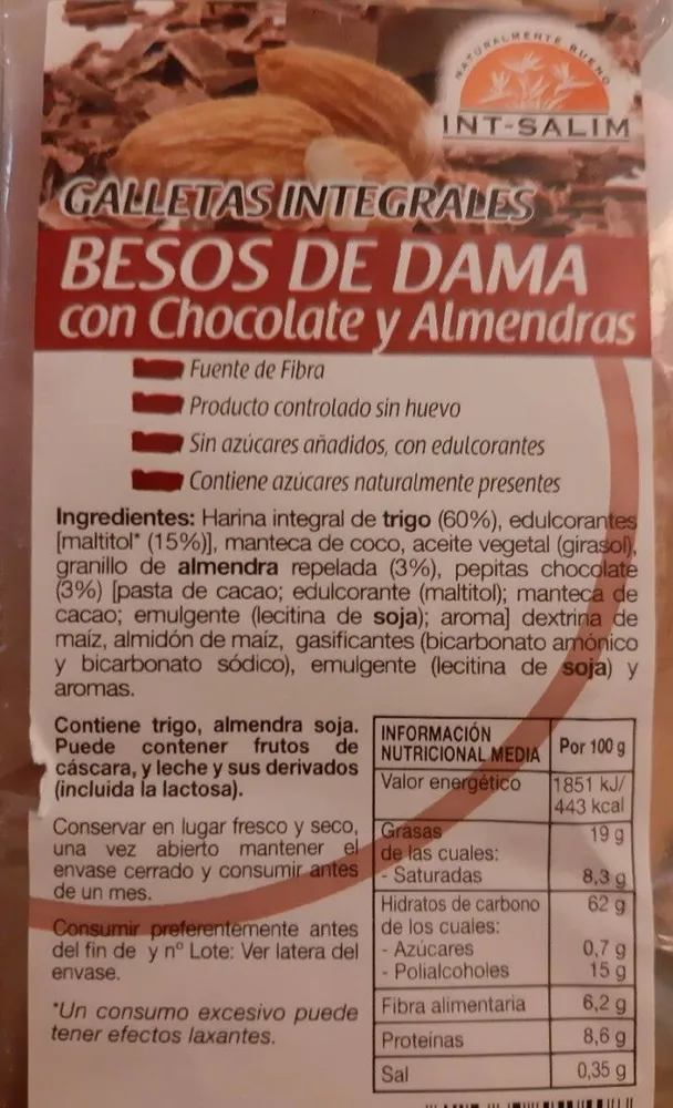 Galletas Integrales Besos de Dama con chocolate y almendras