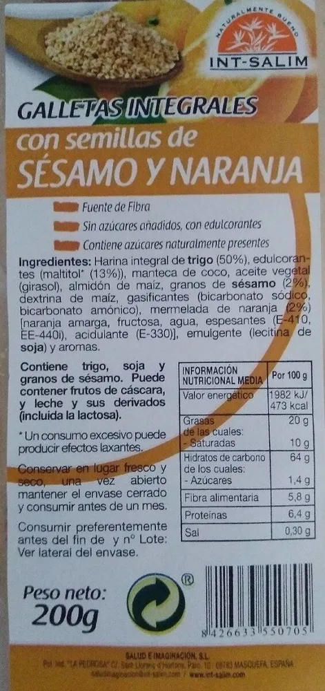 Galletas integrales con semillas de SÉSAMO Y NARANJA