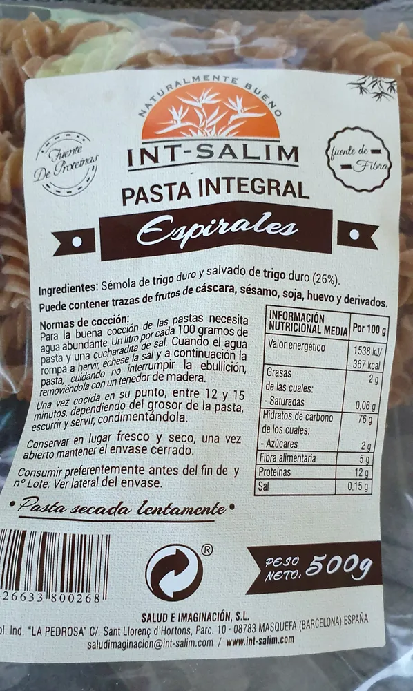 Pasta Integral Espirales (INT-SALIM)