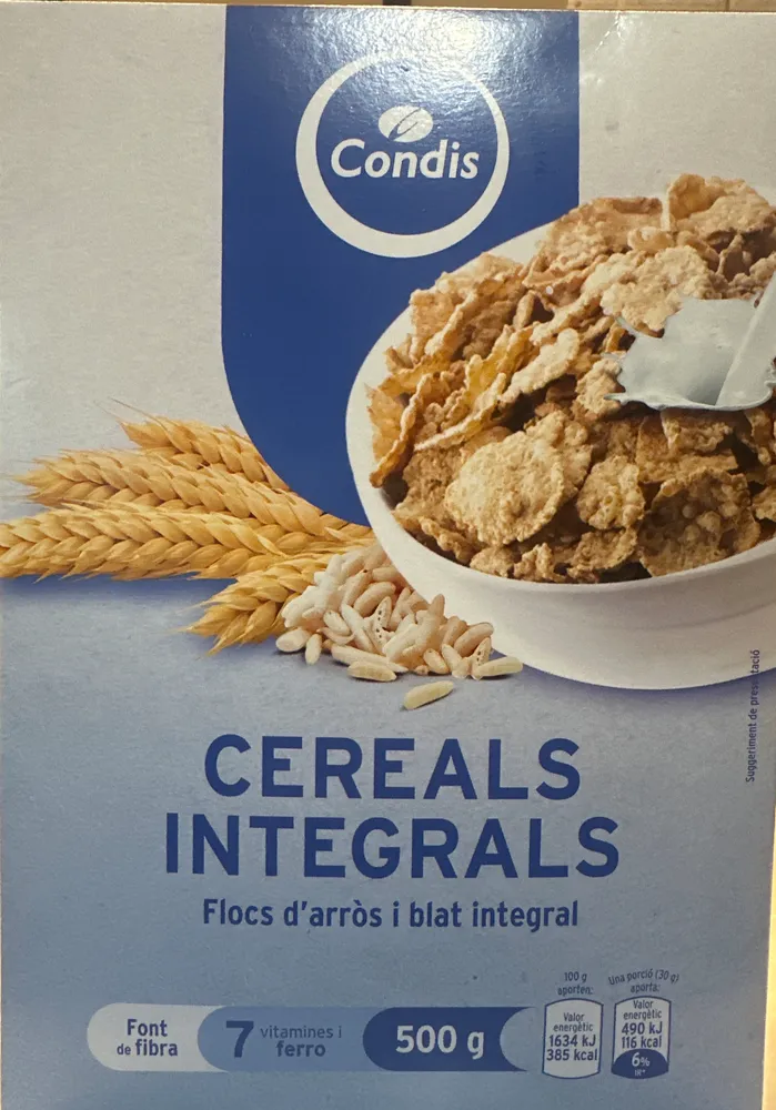 Cereals integrals, flocs d'arròs i blat integral