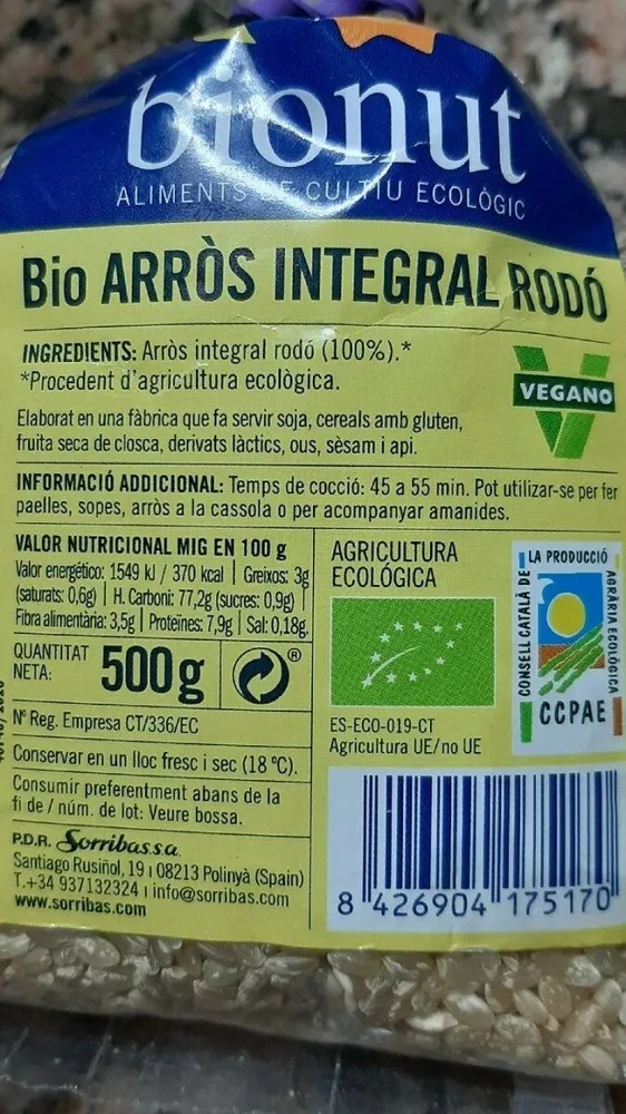 Bio arròs integral rodó