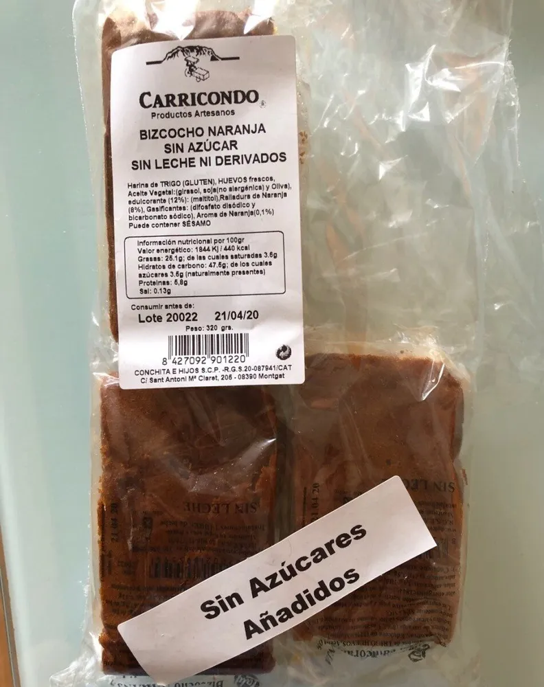 Bizcocho naranja sin azucar sin leche ni derivados