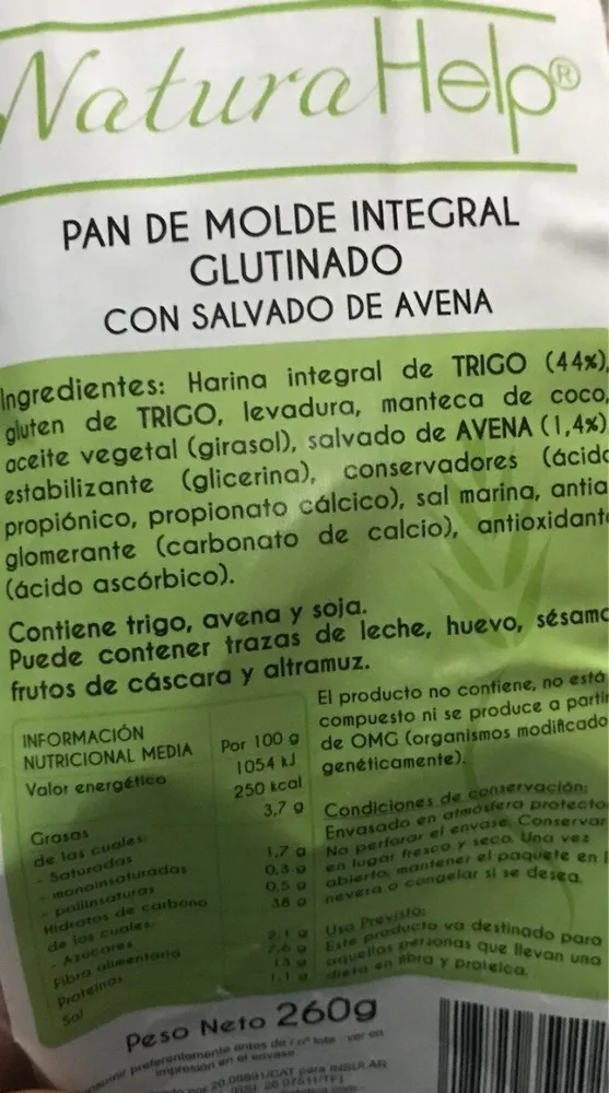 Pan de nolde integral glutinado con salvado de avena