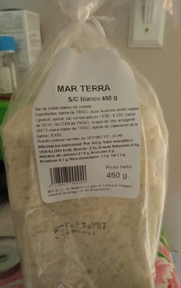 Pan de molde sin corteza blanco
