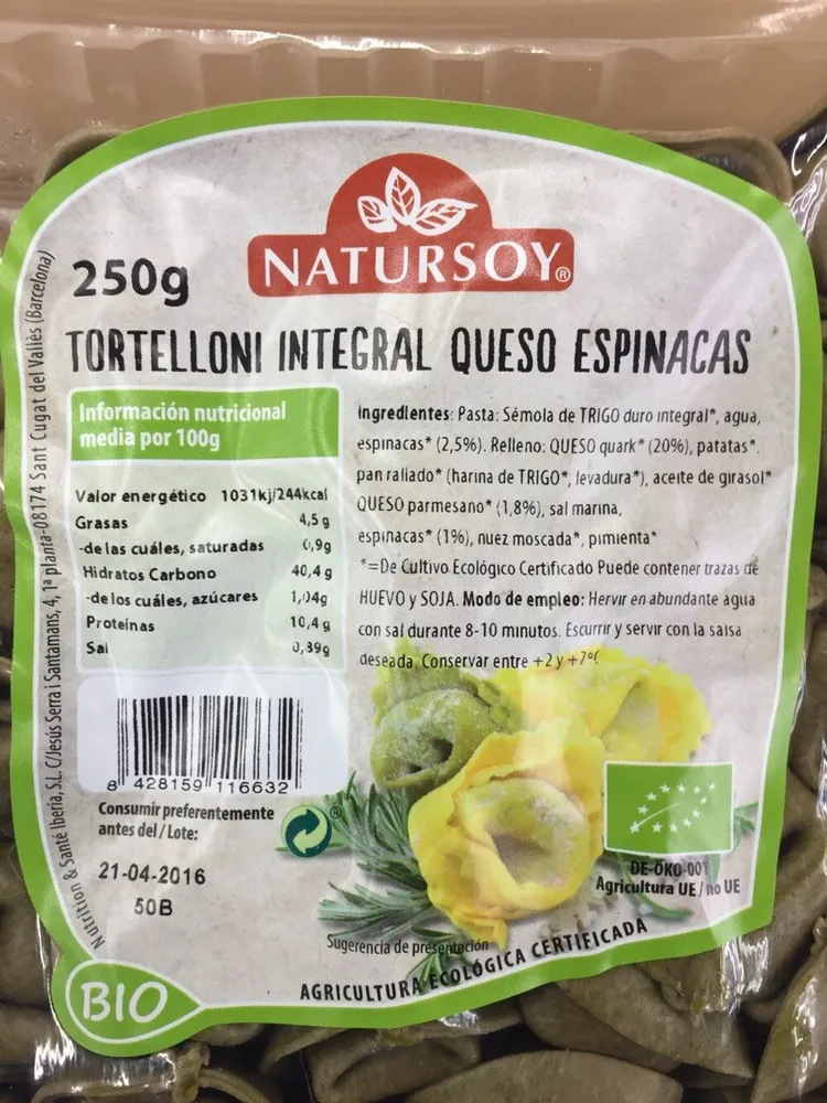 Tortelloni integral queso espinacas