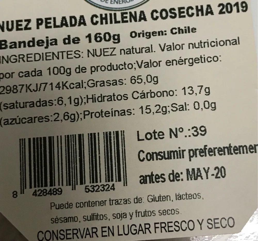 Nuez pelada chilena cosecha 2019