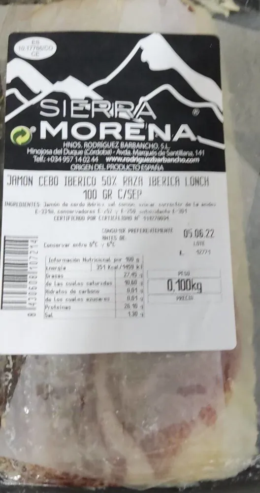 Jamón cebo ibérico 50 por ciento raza ibérica lonchas