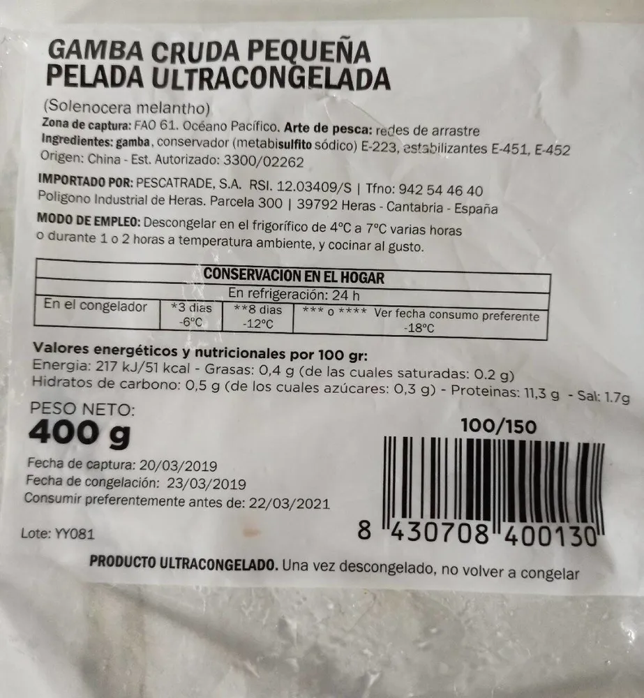 Gamba cruda pequeña pelada ultracongelada