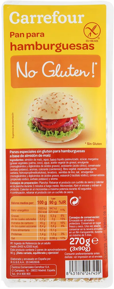 Pan de hamburguesa sin gluten