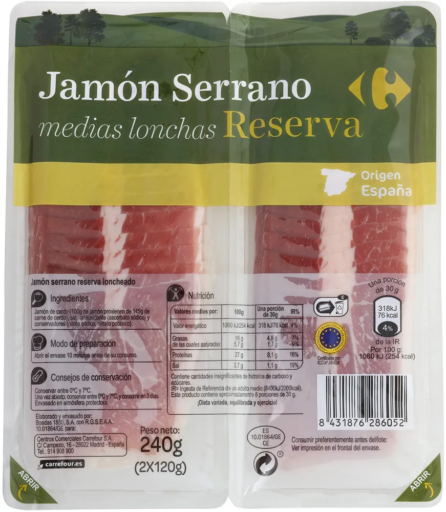 Jamon Serrano Reserva Medias Lonchas