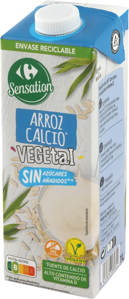 Bebida arroz calcio vegetal sin azúcares añadidos