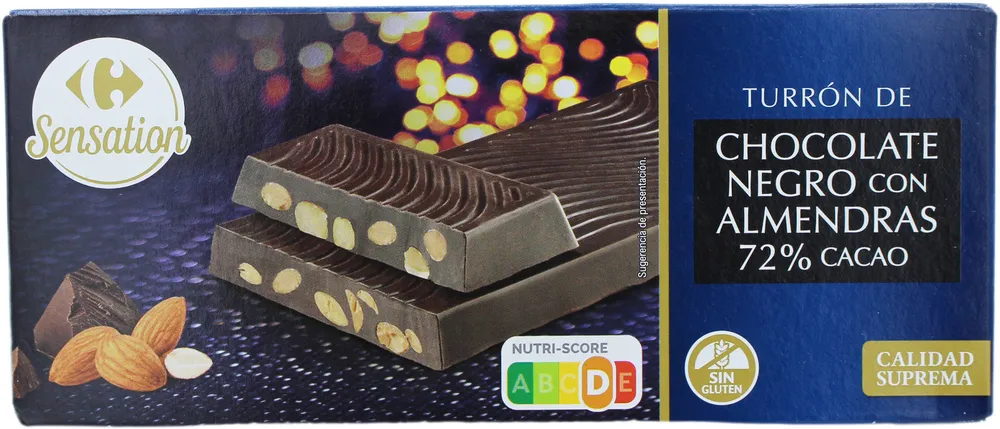 Turrón chocolate negro 72% cacao con almendras