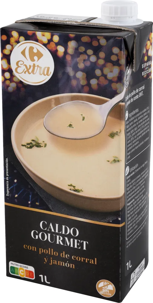Caldo gourmet con pollo de corral y jamón