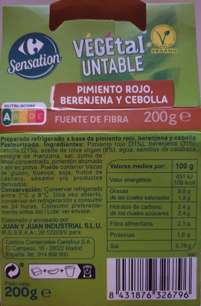 Untable vegetal pimiento rojo, berenjena y cebolla
