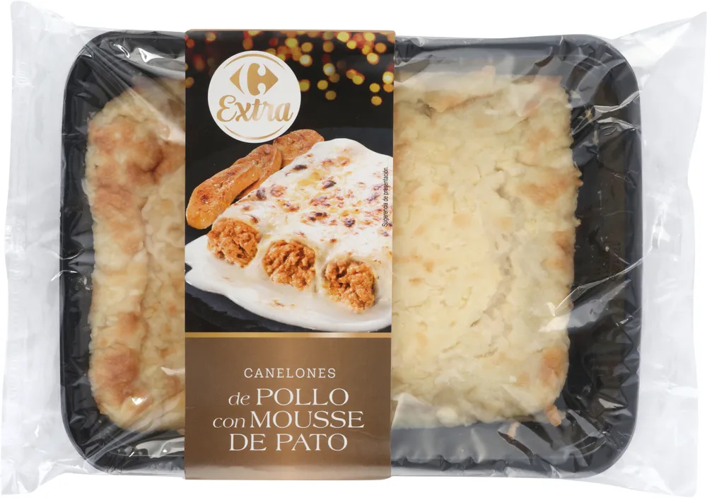 Canelones de pollo con mousse de pato