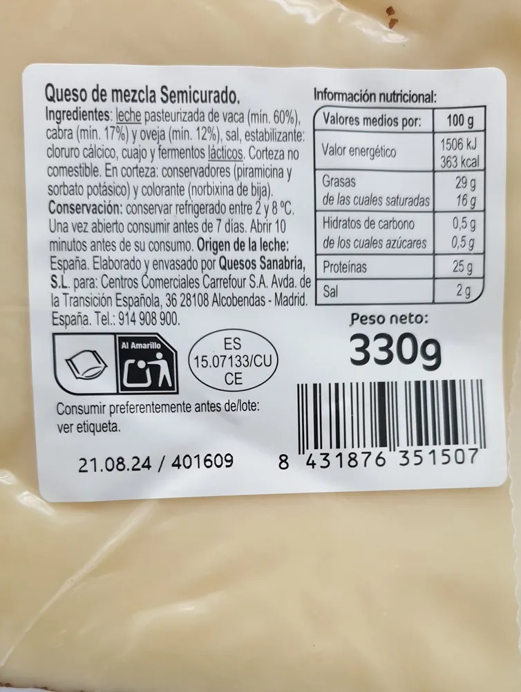 Queso mezcla semicurado cuña