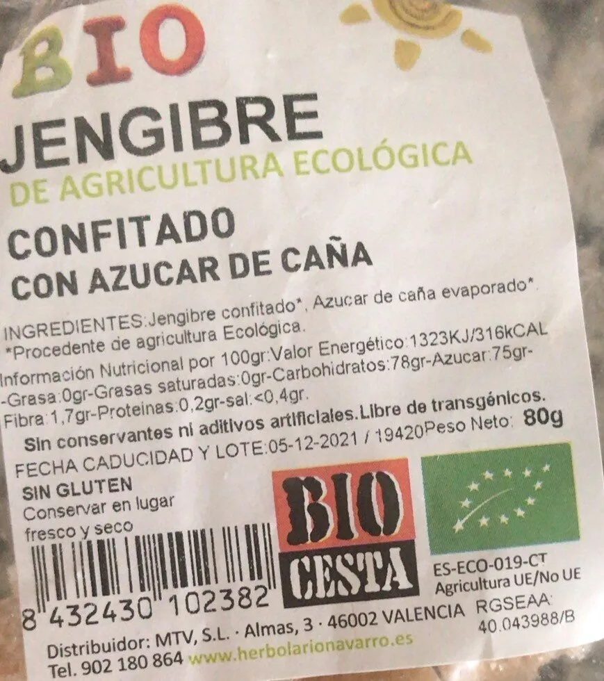 Jengibre confitado con azucar de caña