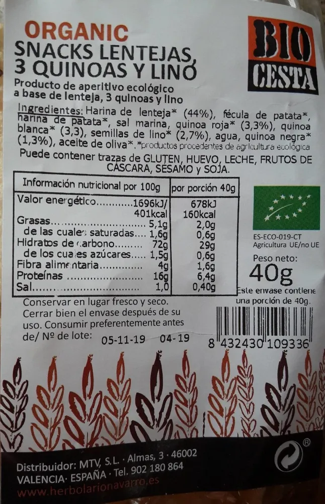 Snack de lentejas 3 qinoas y lino