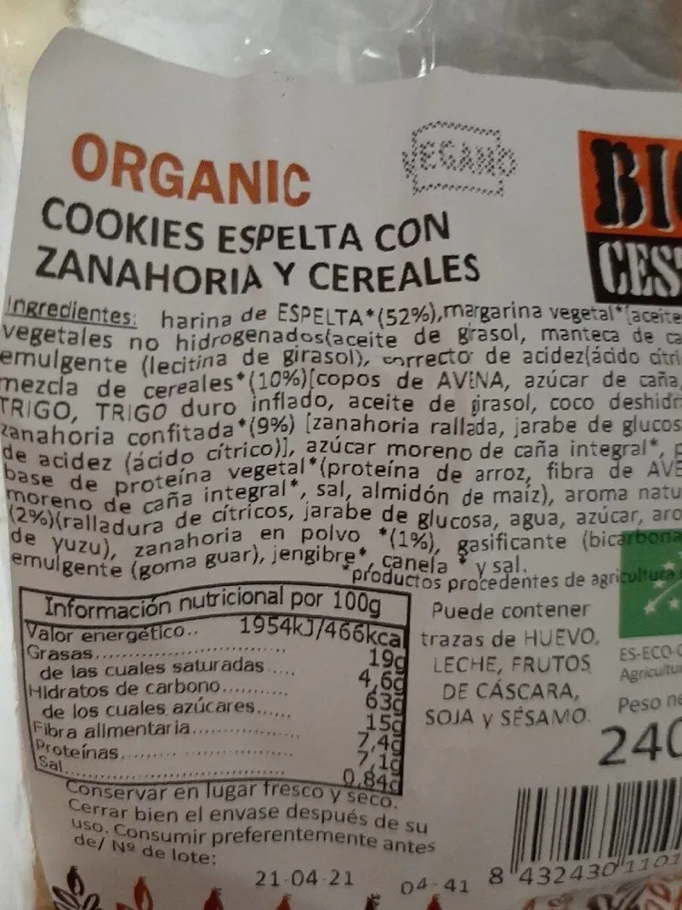 Organic cookies espelta con zanahoria y cereales