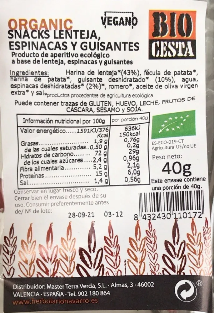 SNACKS LENTEJAS, ESPINACAS Y GUISANTES